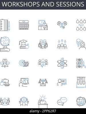 workshops and sessions line icons collection. Seminars and lectures, Talks and speeches, Classes and tutorials, Conferences and symposiums, Meetings Stock Vector