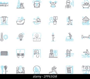 Adventure trip linear icons set. Hiking, Camping, Kayaking, Climbing, Rafting, Trekking, Biking line vector and concept signs. Wildlife,Scuba Stock Vector