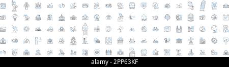 Adventure travel line icons collection. Expedition, Trekking, Safari, Kayaking, Rafting, Climbing, Biking vector and linear illustration. Hiking,Zip Stock Vector