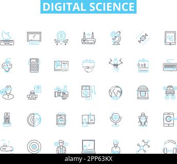 Digital science linear icons set. Algorithm, Analytics, Big Data, Blockchain, Cloud, Coding, Cybersecurity line vector and concept signs. Data Stock Vector