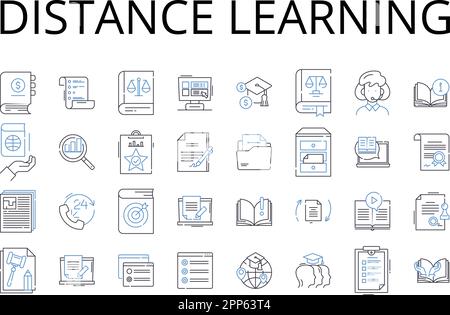 distance learning line icons collection. e-learning, virtual education, online schooling, remote instruction, web-based training, digital curriculum Stock Vector