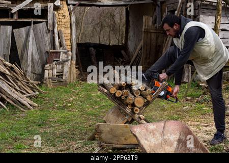 A man is cutting firewood with a chainsaw in the yard of a rural area on a cold early spring morning. Firewood preparation concept Stock Photo