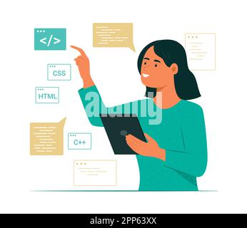 Programmer Woman Process Coding with Tablet for Software Development Concept Illustration Stock Vector