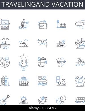 Travelingand vacation line icons collection. Journeying, Roaming, Sightseeing, Touring, Exploring, Backpacking, Trekking vector and linear Stock Vector