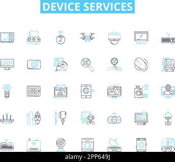 Device services linear icons set. Repairs, Maintenance, Upgrades, Optimization, Diagnostics, Troubleshooting, Configuration line vector and concept Stock Vector