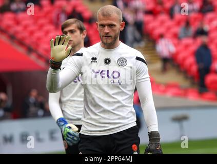 London, UK. 22nd Apr, 2023. Adam Davies of Sheffield Utd warms up prior to the The FA Cup match at Wembley Stadium, London. Picture credit should read: Darren Staples/Sportimage Credit: Sportimage Ltd/Alamy Live News Stock Photo