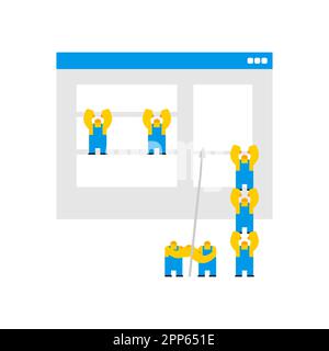 Man Little man makes web design of internet page. Concept web designer and developer Stock Vector