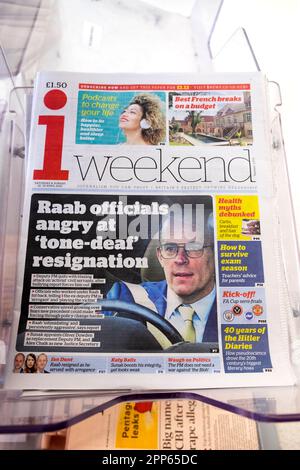 Dominic 'Raab officials angry at 'tone-deaf' resignation' iweekend inews inewspaper i newspaper front page headline 22 April 2023 London UK Britain Stock Photo