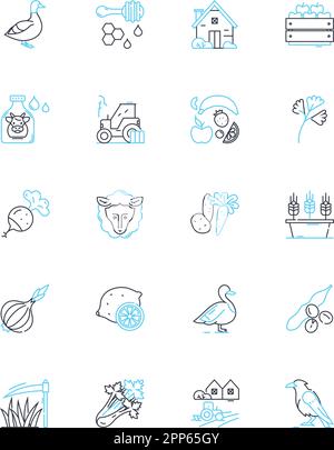 Farming technology linear icons set. Precision, Irrigation, Automation, Dr, Hydroponics, Sensors, Sustainability line vector and concept signs Stock Vector
