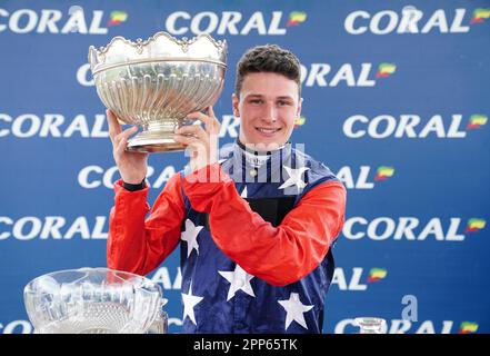 Jockey Jack Tudor celebrates after riding Kitty's Light to victory in the Coral Scottish Grand National Handicap Chase during the Coral Scottish Grand National festival at Ayr Racecourse. Picture date: Saturday April 22, 2023. Stock Photo