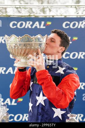 Jockey Jack Tudor celebrates after riding Kitty's Light to victory in the Coral Scottish Grand National Handicap Chase during the Coral Scottish Grand National festival at Ayr Racecourse. Picture date: Saturday April 22, 2023. Stock Photo