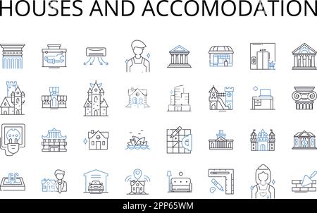 Houses and accomodation line icons collection. Residences, Dwellings, Homes, Apartments, Condos, Cottages, Bungalows vector and linear illustration Stock Vector