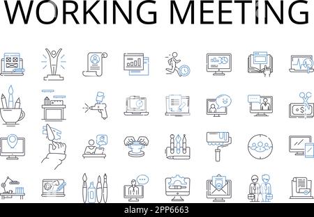 Working meeting line icons collection. Planning session, Team brainstorm, Creative workshop, Productive huddle, Brain dump, Collaboration session Stock Vector