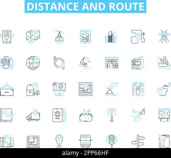 Distance and route linear icons set. Navigation, Direction, Journey, Route, Travel, Path, Distance line vector and concept signs. Mileage,Wayfinding Stock Vector