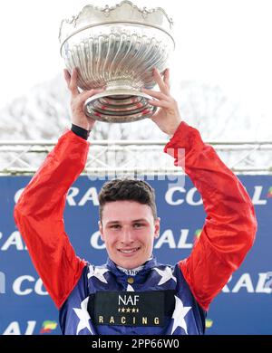 Jockey Jack Tudor celebrates after riding Kitty's Light to victory in the Coral Scottish Grand National Handicap Chase during the Coral Scottish Grand National festival at Ayr Racecourse. Picture date: Saturday April 22, 2023. Stock Photo