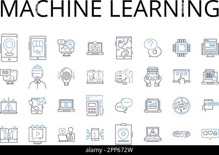 machine learning line icons collection. Artificial Intelligence, Automated Learning, Data Mining, Data Analytics, Deep Learning, Natural Language Stock Vector