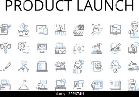 Product launch line icons collection. Campaign kickoff, Event launch, Book release, Movie premiere, Fashion debut, Album drop, Exhibit unveiling Stock Vector