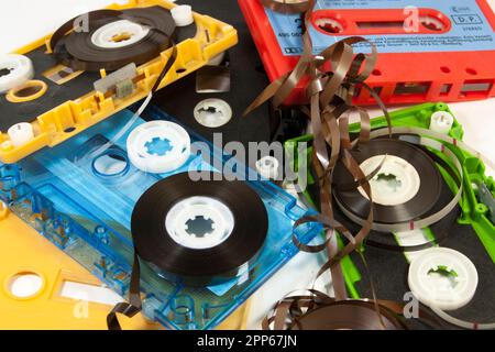 parts of cassette tape on white background Stock Photo