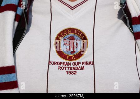 London, UK. 22nd April 2023; Gtech Community Stadium, Brentford, London, England; Premier League Football, Brentford versus Aston Villa; An Aston Villa fan wearing their 1982 European Cup Final away shirt inside Gtech Community Stadium Credit: Action Plus Sports Images/Alamy Live News Stock Photo