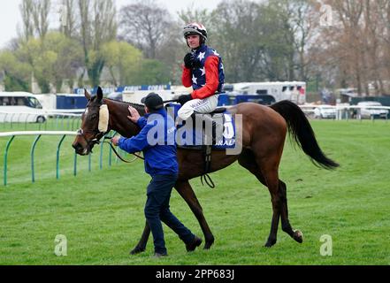 Jockey Jack Tudor after riding Kitty's Light to victory in the Coral Scottish Grand National Handicap Chase during the Coral Scottish Grand National festival at Ayr Racecourse. Picture date: Saturday April 22, 2023. Stock Photo