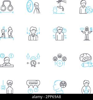 Mental science linear icons set. Psychology, Psychotherapy, Mental health, Cognition, Emotion, Perception, Mood line vector and concept signs. Anxiety Stock Vector