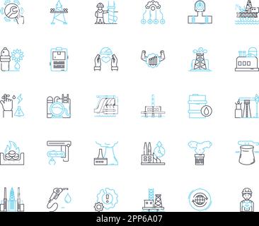 Manufacturing industry linear icons set. Automation, Assembly, Production, Fabrication, Machining, Quality, Packaging line vector and concept signs Stock Vector