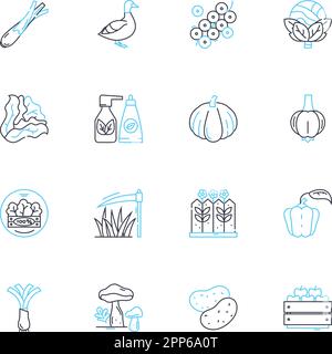 Cultivation field linear icons set. Harvesting, Irrigation, Fertilization, Tilling, Planting, Pruning, Sowing line vector and concept signs Stock Vector