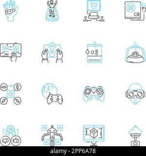 Data computing linear icons set. Analytics, Statistics, Algorithms, Machine learning, Visualization, Big data, Mining line vector and concept signs Stock Vector