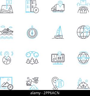 Global Navigation Satellite System (GNSS) linear icons set. Navigation, GPS, Satellites, Positioning, Tracking, Geo-location, Wayfinding line vector Stock Vector