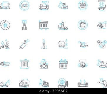 Truck care linear icons set. Maintenance, Oil, Filters, Tires, Brakes, Alignment, Suspension line vector and concept signs. Engine,Transmission,Heavy Stock Vector