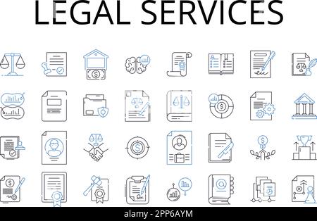 Legal services line icons collection. Legal aid, Counsel, Advocacy, Representation, Assistance, Advice, Consultation vector and linear illustration Stock Vector