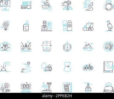 Adventure excursion linear icons set. Expedition, Trek, Safari, Journey ...