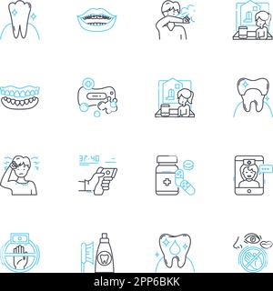 Tooth maintenance linear icons set. Flossing, Brushing, Mouthwash, Fluoride, Cavity, Plaque, Tartar line vector and concept signs. Braces,Whitening Stock Vector