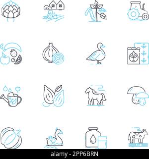 Field linear icons set. Agriculture, Cultivation, Harvest, Crops, Irrigation, Fertilization, Plowing line vector and concept signs. Tilling,Seedlings Stock Vector