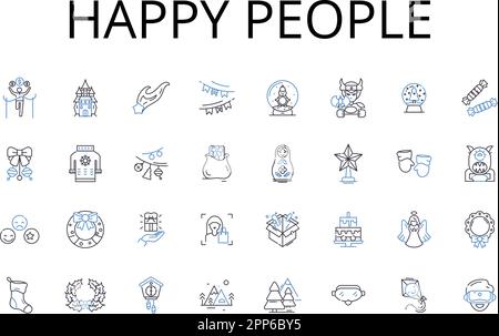 Happy people line icons collection. Joyful individuals, Contented beings, Blissful souls, Pleased personalities, Gratified folks, Elated humans Stock Vector