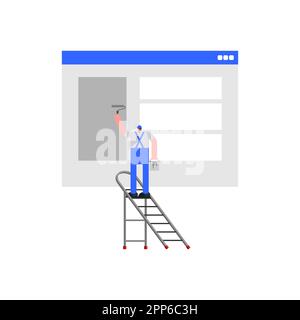 Man Little man makes web design of internet page. Concept web designer and developer Stock Vector