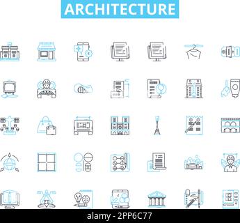 Architecture linear icons set. Form, Function, Design, Space, Structure, Innovation, Aesthetics line vector and concept signs. Materiality Stock Vector