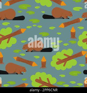 Beaver and tree pattern seamless. Swamp rodent and dam background Stock Vector