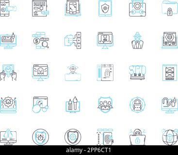 Information safety linear icons set. Encryption, Firewall, Malware, Authentication, Privacy, Cybersecurity, Phishing line vector and concept signs Stock Vector