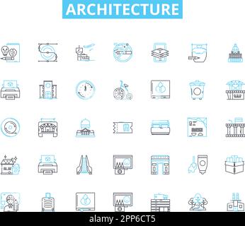 Architecture linear icons set. Form, Function, Design, Space, Structure, Innovation, Aesthetics line vector and concept signs. Materiality Stock Vector