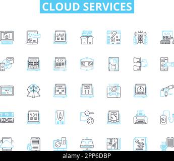 Cloud services linear icons set. Integration, Scalability, Accessibility, Reliability, Security, Efficiency, Flexibility line vector and concept signs Stock Vector