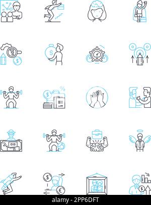 Financial metrics linear icons set. Revenue, Profitability, Liquidity, Cash flow, Debt, Assets, Liabilities line vector and concept signs. Equity Stock Vector
