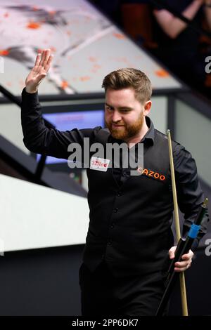 Jak Jones after Beating Neil Robertson on day eight of the Cazoo World Snooker Championship at the Crucible Theatre, Sheffield. Picture date: Saturday April 22, 2023. Stock Photo