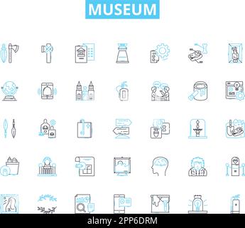 Museum linear icons set. Artifacts, Exhibits, Gallery, Archaeology, History, Memorabilia, Sculpture line vector and concept signs. Antiquities Stock Vector