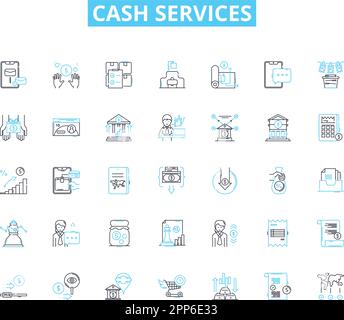 Cash services linear icons set. Loan, Deposit, Withdrawal, ATM, Credit, Debit, Exchange line vector and concept signs. Currency,Fund,Transfer outline Stock Vector