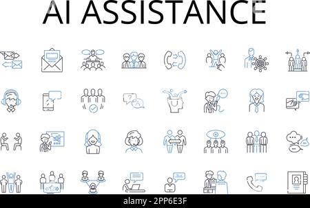AI assistance line icons collection. Automated help, Digital support, Smart guidance, Virtual aid, Intelligent backing, Modern assistance, Robotic Stock Vector