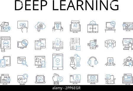 Deep learning line icons collection. Artificial intelligence, Machine learning, Data science, Computer vision, Natural language processing, Cognitive Stock Vector