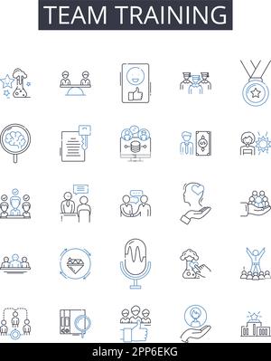 Team training line icons collection. Group instruction, Collective education, Crew development, Organization workshop, Joint coaching, Coalition Stock Vector