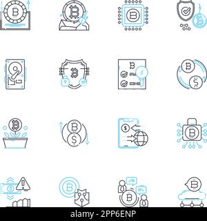 Fintech startups linear icons set. Digital, Innovation, Disruption, Blockchain, Payment, Cryptocurrency, Financial line vector and concept signs Stock Vector