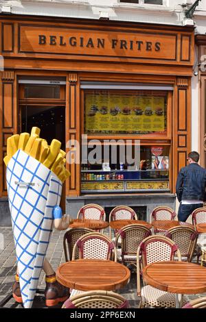 BRUSSELS, BELGIUM - MAY 21, 2016: Fast food restaurant in Brussels, selling Belgian French fries. Stock Photo